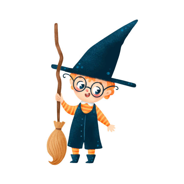 ilustraciones, imágenes clip art, dibujos animados e iconos de stock de ilustración de lindo niño mago de halloween de dibujos animados con escoba aislada sobre fondo blanco - wizard magic broom stick