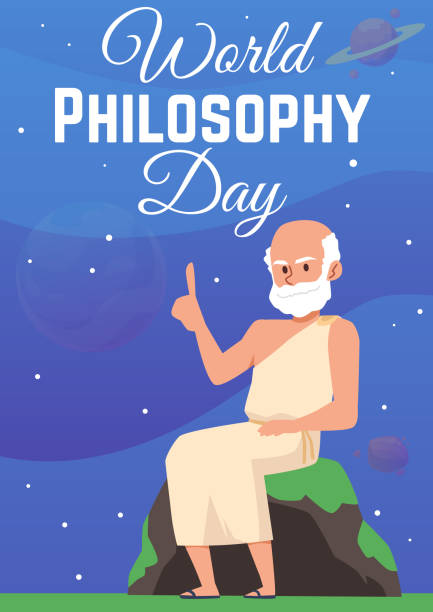 Poster for world philosophy day with antique greek or roman scientist philosopher Design of poster for world philosophy day with antique greek or roman scientist philosopher. Man wise thinker thinking on universe. Flat cartoon vector illustration. aristotle stock illustrations
