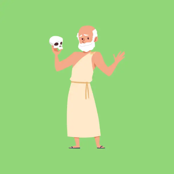 Vector illustration of Ancient Greek philosopher holding human skull, flat vector illustration isolated.