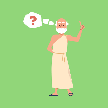 Ancient Greek philosopher or thinker male cartoon character in toga wondering and pondering on philosophy, flat vector illustration isolated on green background.