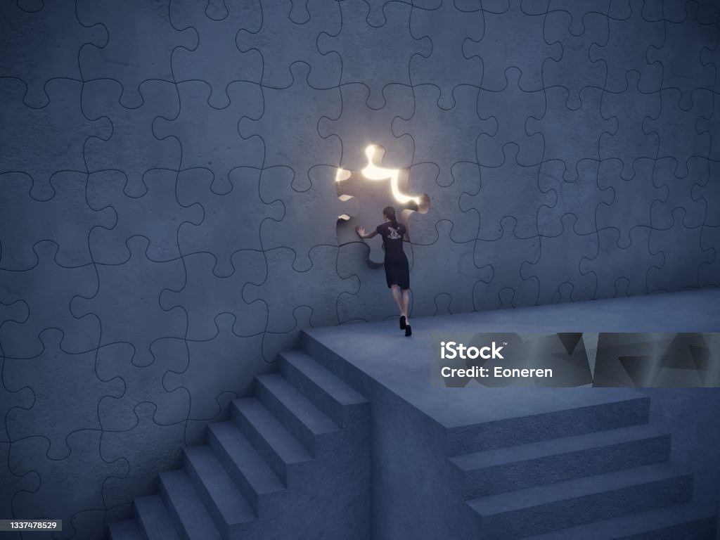 Big Idea Concept Woman climbed up the stairs and trying to push the puzzle piece on the wall and going through the bright light streaming from the hole in the wall. Can be used big idea, innovation, leadership concepts.  (3d render) Solution Stock Photo