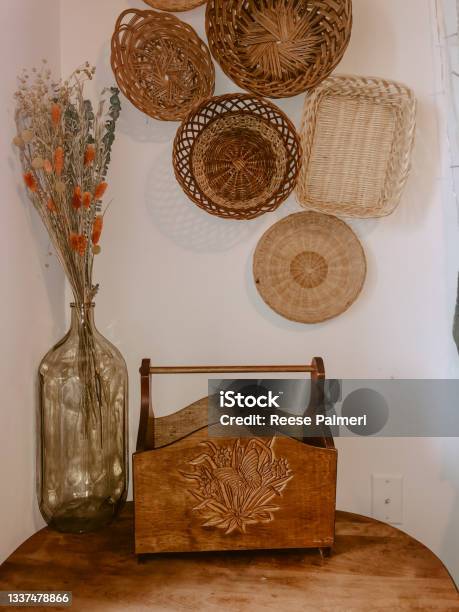 Wicker Bowls And Old Wooden Crate Close Up Stock Photo - Download Image Now - Color Image, Decoration, Furniture