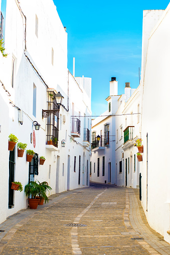 Typical street in Vejer de la Frontera, Andalusia, Spain.