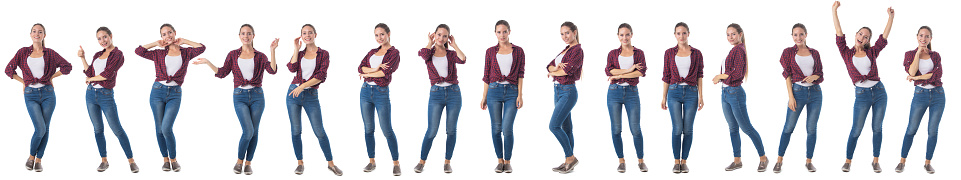 Set of Full length portraits of beautiful young woman in casual clothes isolated on white background