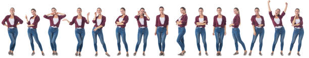 Full length portraits of young woman Set of Full length portraits of beautiful young woman in casual clothes isolated on white background physical position stock pictures, royalty-free photos & images
