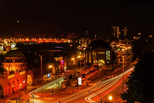 View over Hamburg (Landungsbrücken) with river elbe, harbour and car lights at night long exposure | Hamburg, Germany