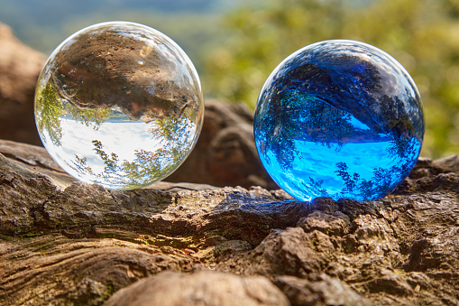 A blue and a white glass ball lie side by side on a tree root.