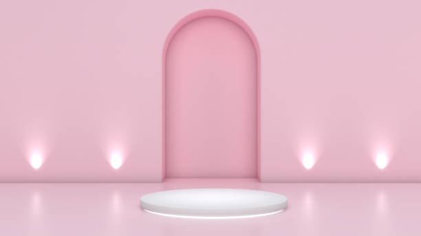 istock White stand on curved wall light pink back,mock up podium for product presentation 1337482643