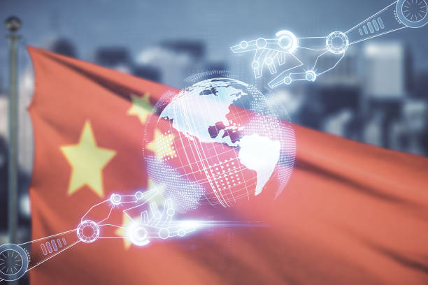 abstract virtual robotics technology hologram with globe sketch on flag of china and blurry cityscape background. robot development and automation concept. multiexposure - east china imagens e fotografias de stock