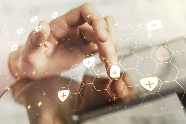 istock Creative abstract medical hologram and finger presses on a digital tablet on background, online medical consulting concept. Multiexposure 1337483911