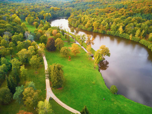 Aerial view of autumn forest in northern France stock photo