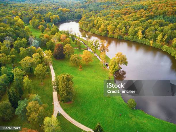 Aerial View Of Autumn Forest In Northern France Stock Photo - Download Image Now - Rambouillet, Forest, Pond
