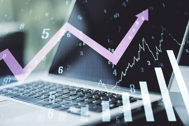 istock Abstract creative financial graph with upward arrow on modern laptop background, forex and investment concept. Multiexposure 1337483958