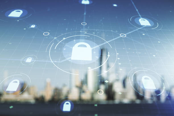 istock Virtual creative lock symbol and microcircuit illustration on blurry skyline background. Protection and firewall concept. Multiexposure 1337483981
