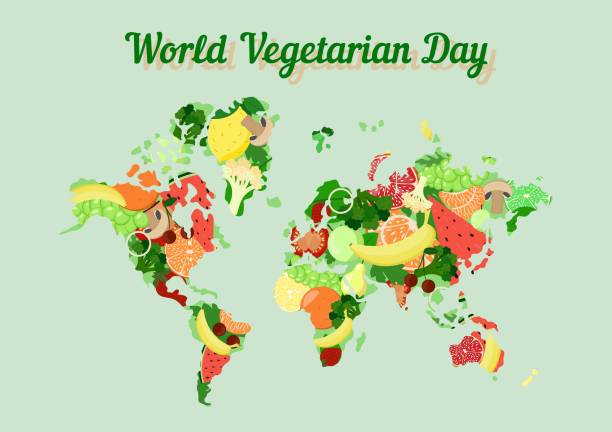 World Vegetarian Day. October 1. World map with fruits and vegetables. Vegetarian Day inscription. Vector poster illustration World Vegetarian Day. October 1. World map with fruits and vegetables. Vegetarian Day inscription. Vector poster illustration. World Vegetarian Day stock illustrations