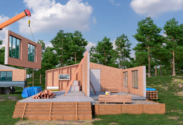 istock Concept of construction modular house exterior. 3d illustration 1337488072