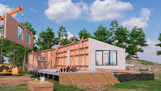 Concept of construction modular house exterior. 3d illustration
