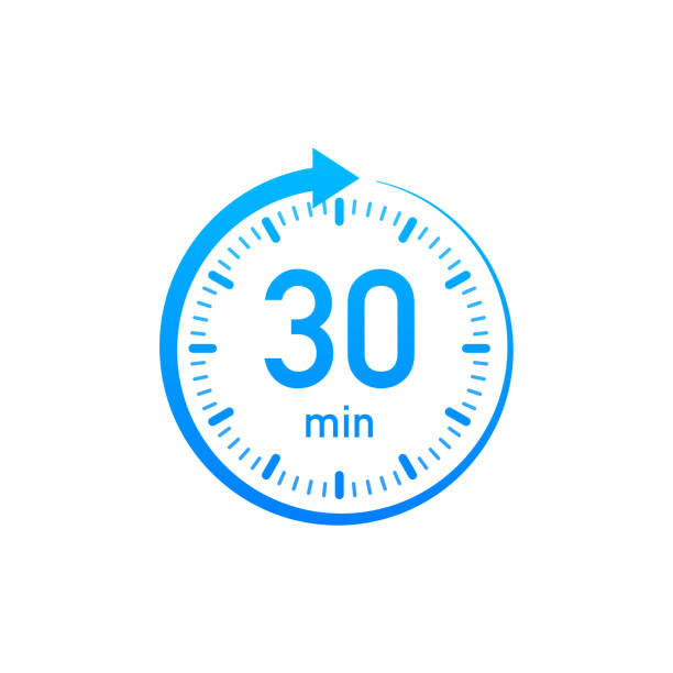 The 30 minutes, stopwatch vector icon. Stopwatch icon in flat style, timer on on color background. Vector illustration. The 30 minutes, stopwatch vector icon. Stopwatch icon in flat style, timer on on color background. Vector illustration minute hand stock illustrations