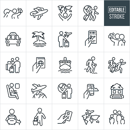 A set of tourism icons that include editable strokes or outlines using the EPS vector file. The icons include a tourist taking a selfie in front of a landmark, commercial airplane, traveler with map of the world, tourist in the airport pulling luggage, taxi cab, palm tree on island, hand holding airline ticket, two tourists taking a selfie together, tourist at hotel check-in counter, hand holding passport, cruise ship, hiker, person running at airport late, person sitting in seat of airplane, plane flying over earth, tourist with luggage, tropical hut, hiker with backpack, hand holding credit card and a family traveling to name a few.