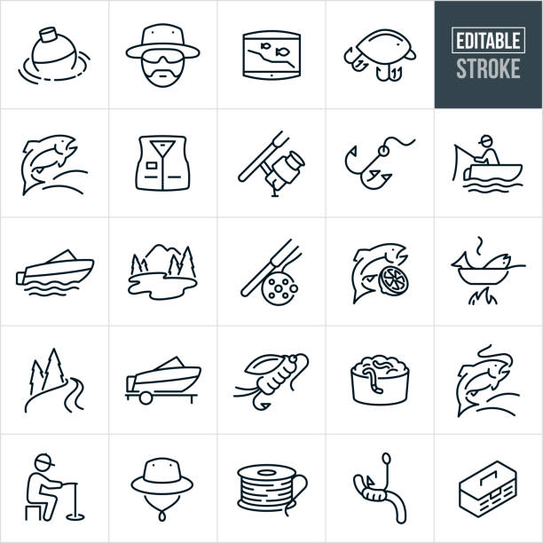 Fishing Thin Line Icons - Editable Stroke A set of fishing icons that include editable strokes or outlines using the EPS vector file. The icons include a fish jumping out of the water, fishing bobber, fisherman with hat and sunglasses, fish finder, fishing lure, fishing jacket, fishing pole, fly rod, fishing hook, fisherman fishing from boat, fishing boat, lake, fish fry, river, fishing fly, night crawlers, fisherman catching fish, ice fishing, fisherman's hat, fishing line, worm on hook and a tackle box. fishing industry stock illustrations