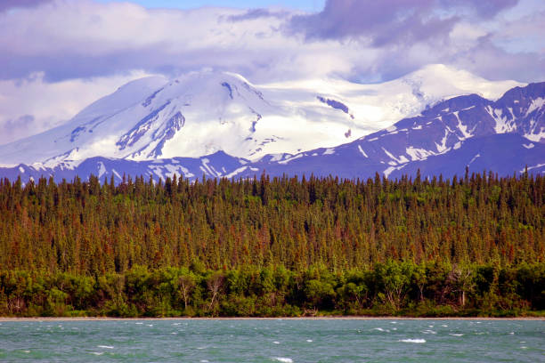 Glacier covered peaks and Brooks Lake in Alaska