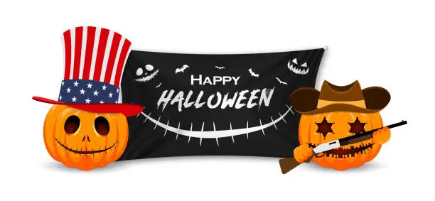 Vector illustration of Happy Halloween Pumpkins with black flag. Pumpkin with United States national hat and pumpkin sheriff with rifle. Halloween sale promotion banner.