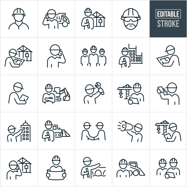 Construction Management Thin Line Icons - Editable Stroke A set of construction management icons that include editable strokes or outlines using the EPS vector file. The icons include a construction manager wearing a hardhat, construction manager on phone with dump truck in the background, project manager with blueprint and house being constructed in the background, new home construction, construction manager on the phone, team of construction managers, engineer with blue print and high rise building, construction manager reviewing blueprint, construction manager and excavator, construction worker holding wrench, project manager with crane, construction manager with bulldozer in background, two project managers shaking hands, project manager yelling into bullhorn, engineer with blueprint and pointing to bride and other related icons. construction worker stock illustrations