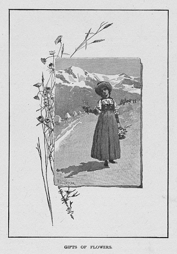 Pretty woman holds wildflowers. Mountain background, possibly the Alps. Framed.    Illustration published 1887. Source: Original edition is from my own archives. Copyright has expired and is in Public Domain.