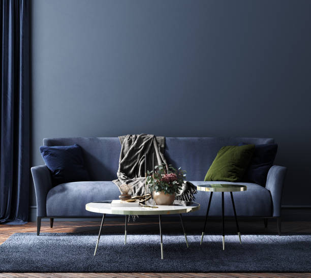 istock Home interior, luxury modern dark living room interior, blue empty wall mock up 1337492033