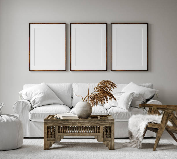 istock Gallery wall mockup in home interior background, living room in Scandi Boho style 1337492034