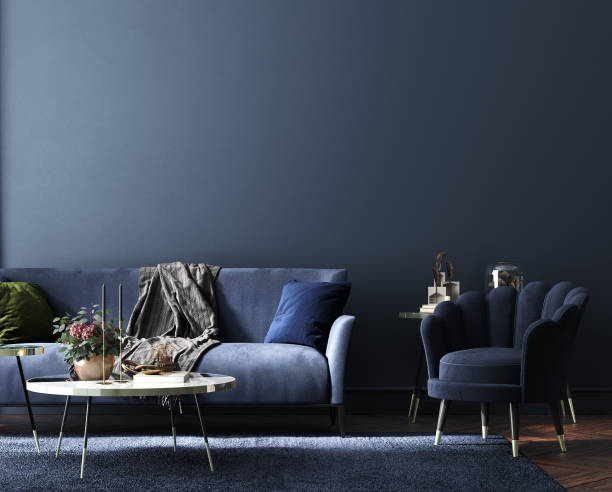 istock Home interior, luxury modern dark living room interior, blue empty wall mock up 1337492043