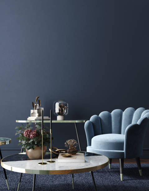 istock Home interior, luxury modern dark living room interior, blue empty wall mock up 1337492044