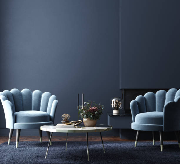 istock Home interior, luxury modern dark living room interior, blue empty wall mock up 1337492052