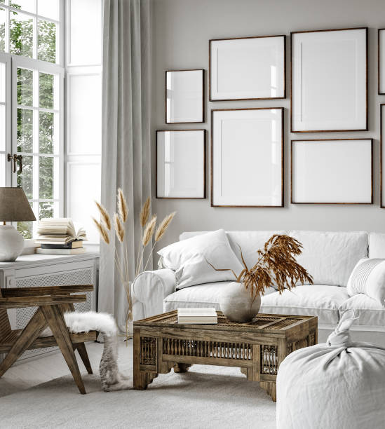 Gallery wall mockup in home interior background, living room in Scandi Boho style