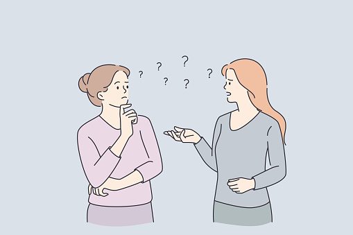 Communication, feeling doubt and uncertain. Two young women standing communicating chatting one on them feeling doubt frustrated vector illustration