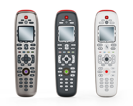Generic TV remote controllers with LCD display isolated on white