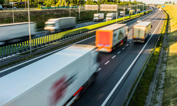 istock Trucks on six lane controlled-access highway in Poland 1337496105