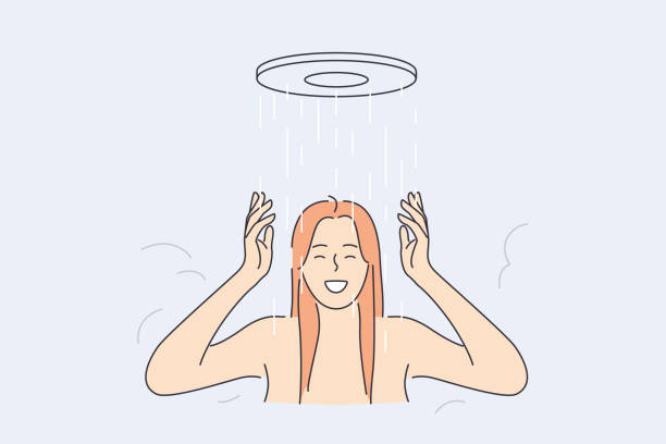 샤워 및 휴식 컨셉 복용 - bathtub women naked human face stock illustrations