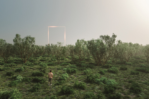 Man in forest walking towards mysterious object, 3D generated image.