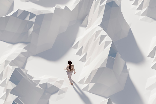 Woman walking in VR landscape, 3D generated image.