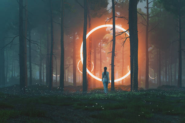 Woman in forest walking towards mysterious object Woman in forest walking towards mysterious object, 3D generated image. fantasy stock pictures, royalty-free photos & images