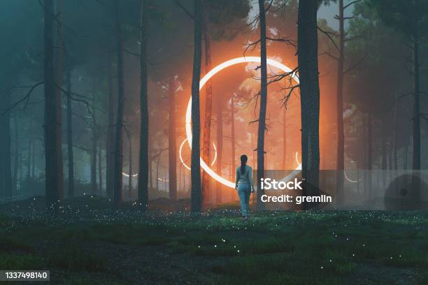 Woman In Forest Walking Towards Mysterious Object Stock Photo - Download Image Now - Door, Futuristic, Fantasy