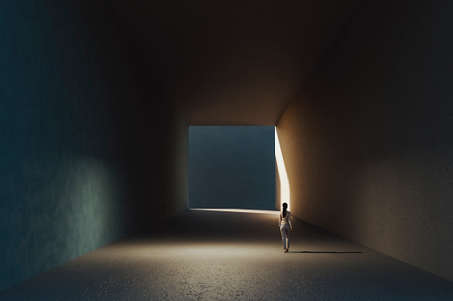 Woman walking in city corridor, 3D generated image.