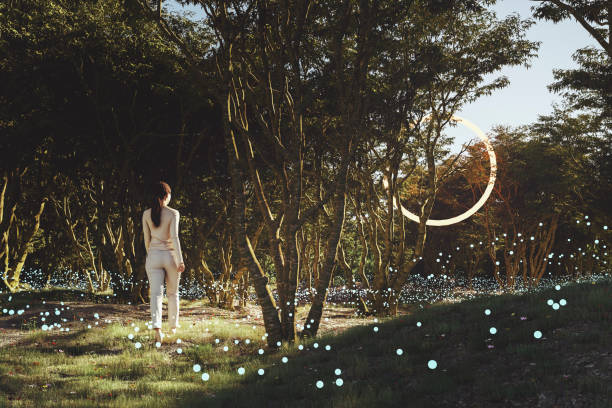 istock Woman in forest walking towards mysterious object 1337498150