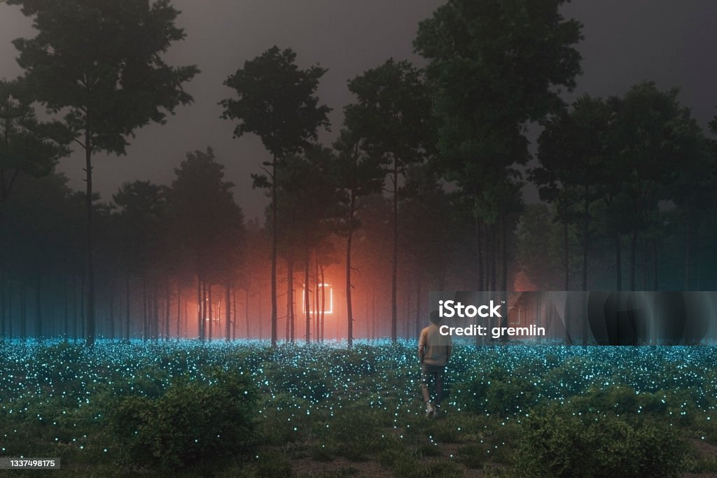 Man in forest walking towards mysterious object Man in forest walking towards mysterious object, 3D generated image. Paranormal Stock Photo