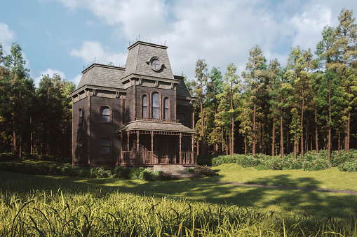 Spooky old house with big garden, 3D generated image.
