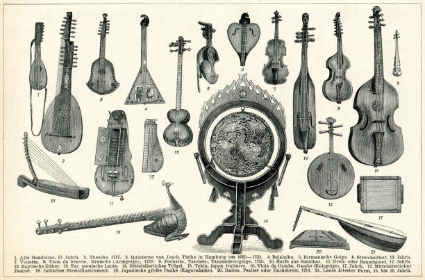 коллекция старинных музыкальных струнных инструментов - medieval music stock illustrations