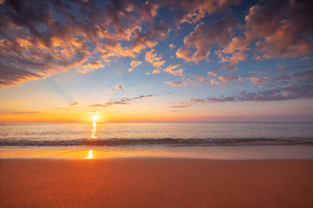 istock Beautiful sunrise cloudscape over the sea waves and beach 1337499191