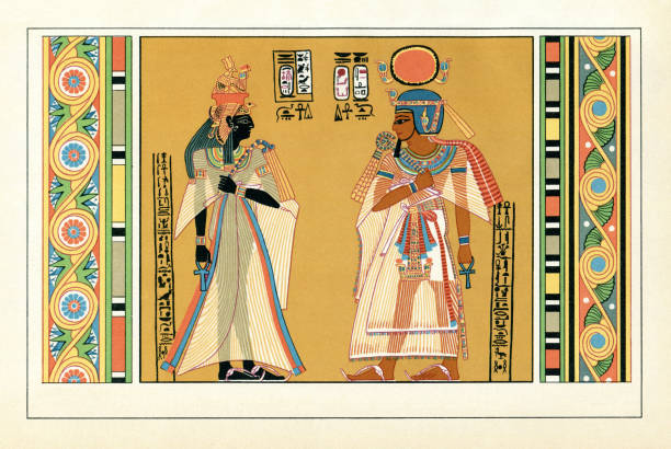 фараон аменхотеп i с женой и иероглифами - фараон иллюстрации stock illustrations