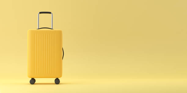 istock Plastic suitcase with handles. Yellow travel duffel bag 1337500182